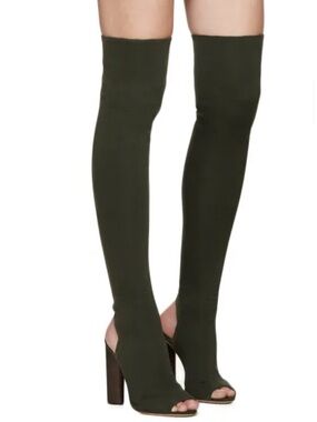 Yeezy RARE Olive Green Over-The-Knee Knit Peep-Toe Block Heeled Boots